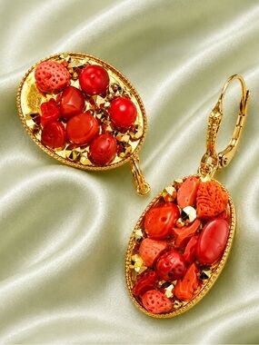 Red Coral Earrings Handmade Gemstone Dangle Gold Statement Gift